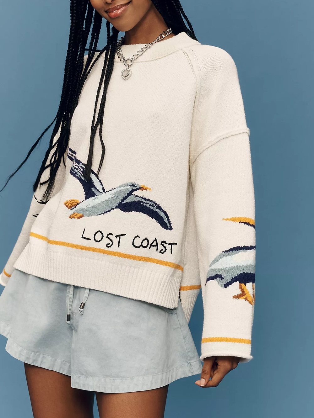 Anthropologie Pilcro Lost Coast Long-Sleeve Crew-Neck Sweater in White